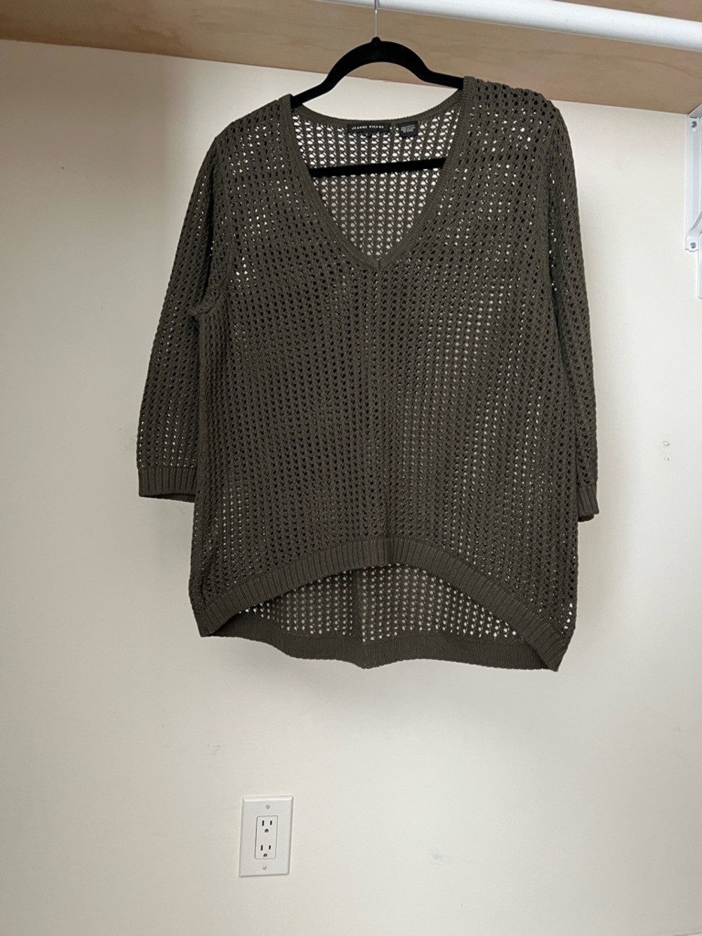 JEANNE PIERRE Olive Open-Knit V-Neck crochet Sweater